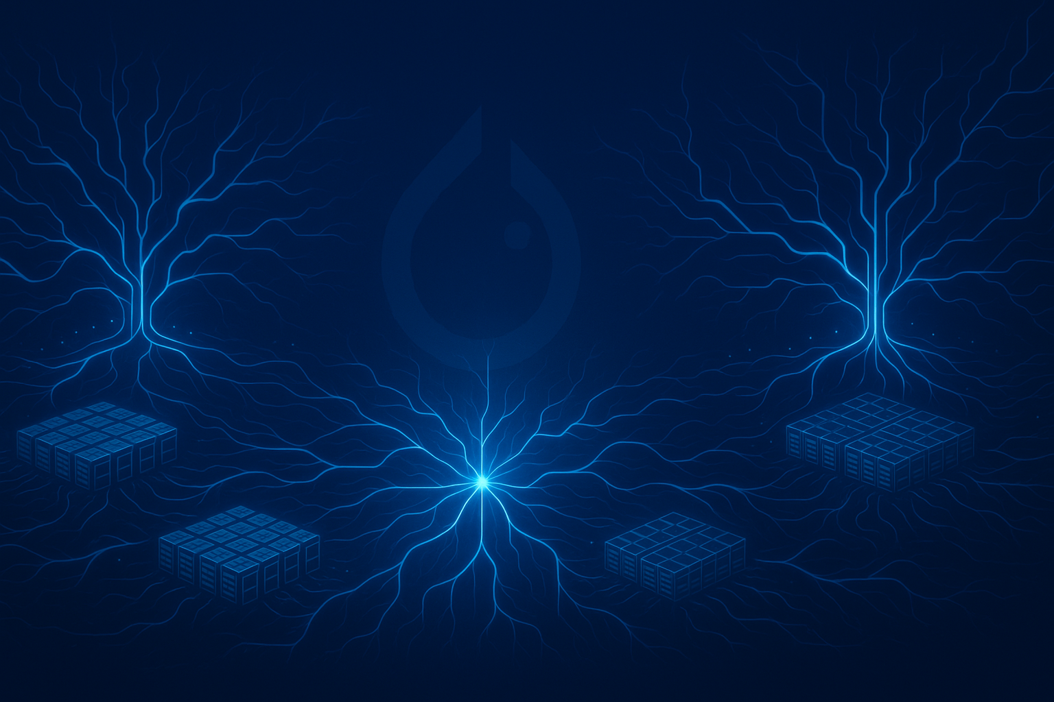 A vast network of glowing blue neural pathways converging into a single control point with a faint PyTorch logo in the background.