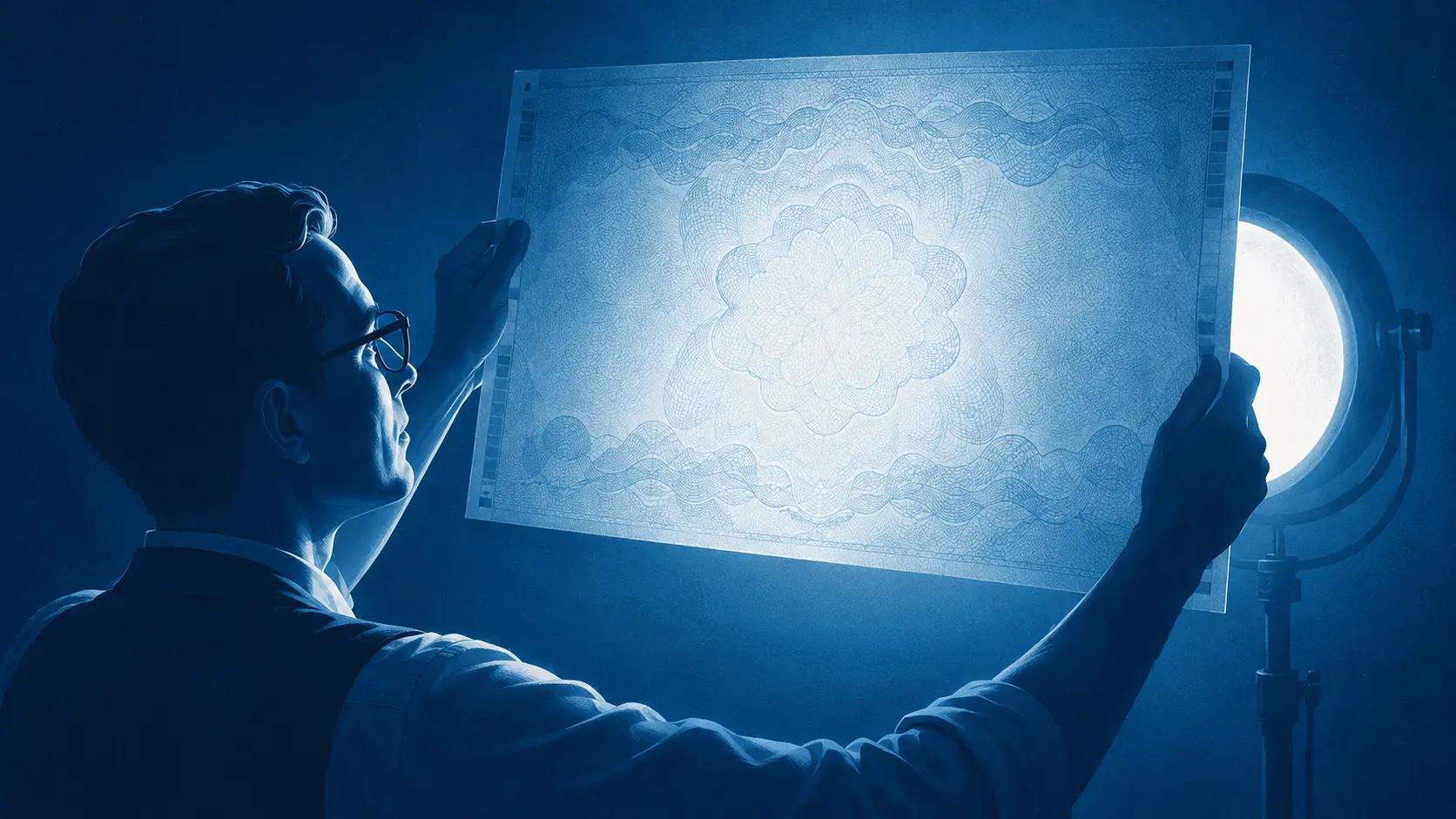 Inspectors holding printed sheets up to the light to check a watermark, rendered in HT Blue brand style