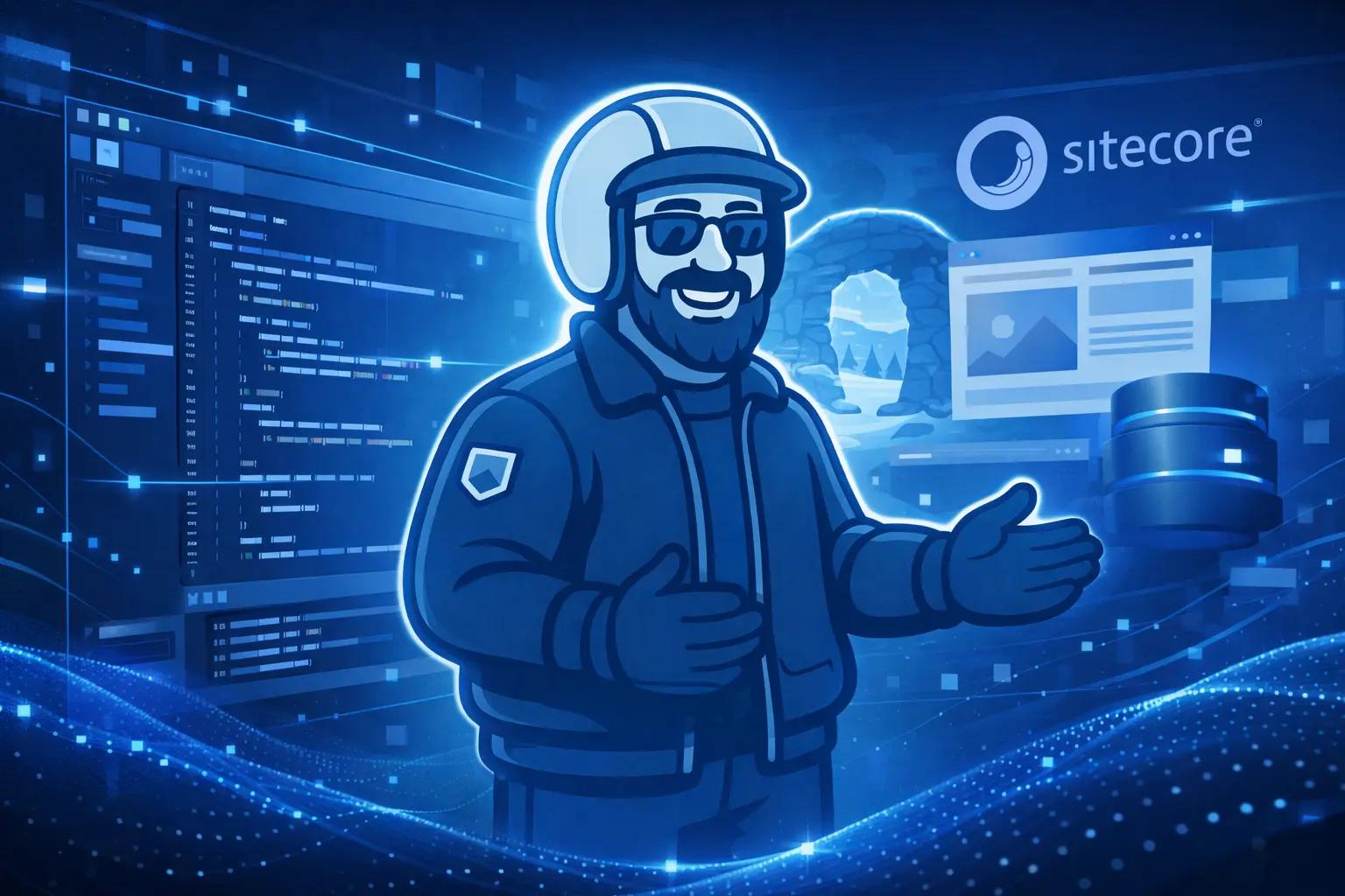 Abstract illustration of an AI assistant overlaying code in an IDE, with Sitecore-branded elements in the background.
