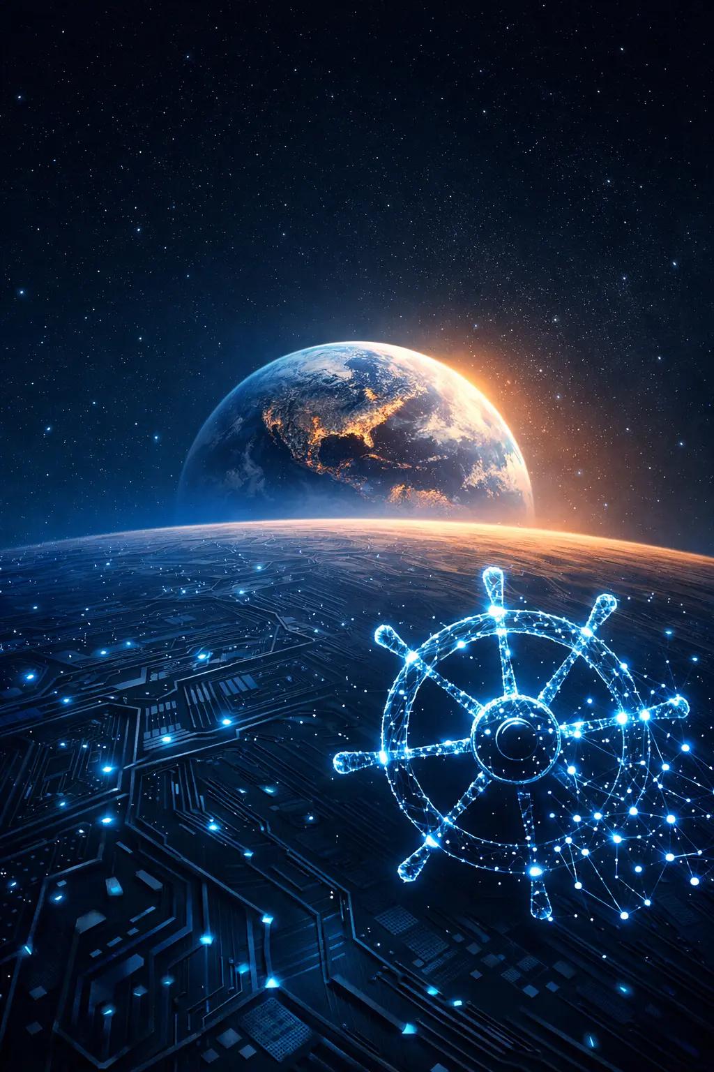 Conceptual image of a human hand on a helm with digital circuits in the background, representing human-at-the-helm AI.