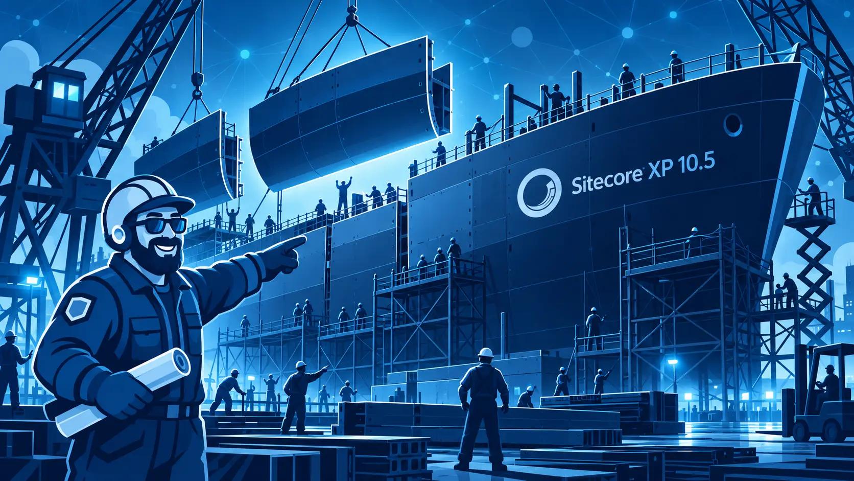 Wartime shipyard workers assembling a Liberty ship hull in record time, illustrating a Sitecore 10.5 upgrade completed in days rather than months