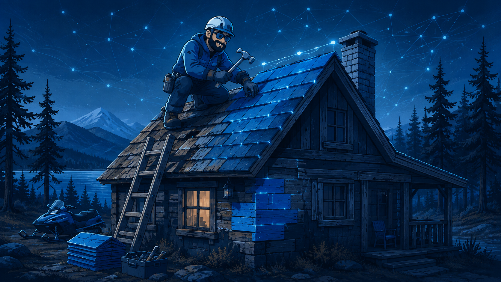 A weathered Adirondack camp receiving a careful new roof while no new rooms are added, rendered in HT Blue brand style