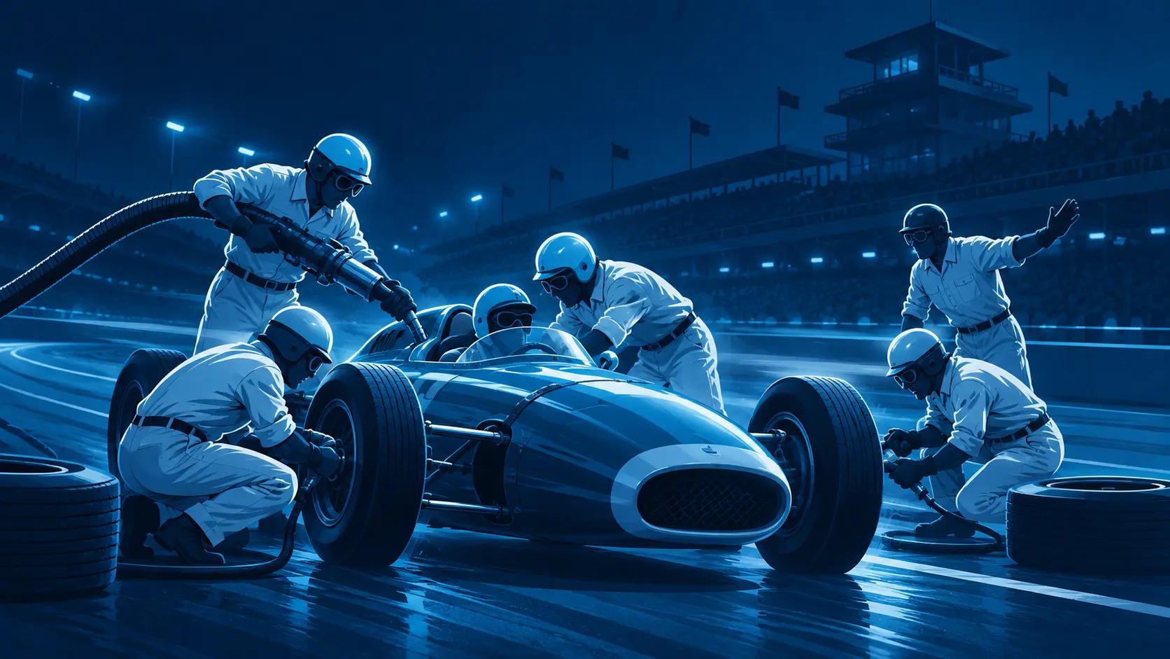 Editorial illustration in HT Blue tones of a 1950s Indianapolis 500 pit crew servicing a race car in seconds, a coordinated team working around the car.