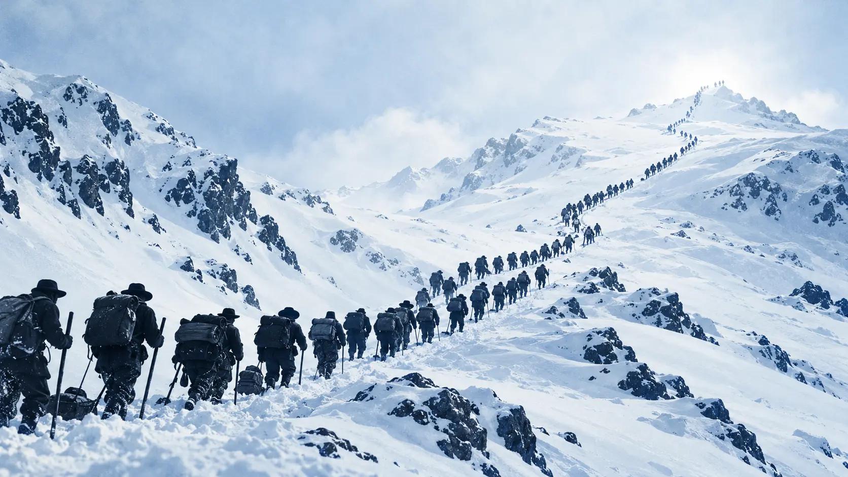 Editorial reinterpretation of the 1898 photograph of Klondike prospectors climbing the Chilkoot Pass in a single file line, in navy and HT Blue tones, symbolizing the rush to buy AI search optimization